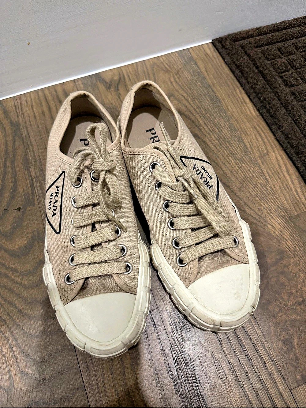 Prada Triangle Logo Canvas Low-Top Sneakers Beige EU 37.5